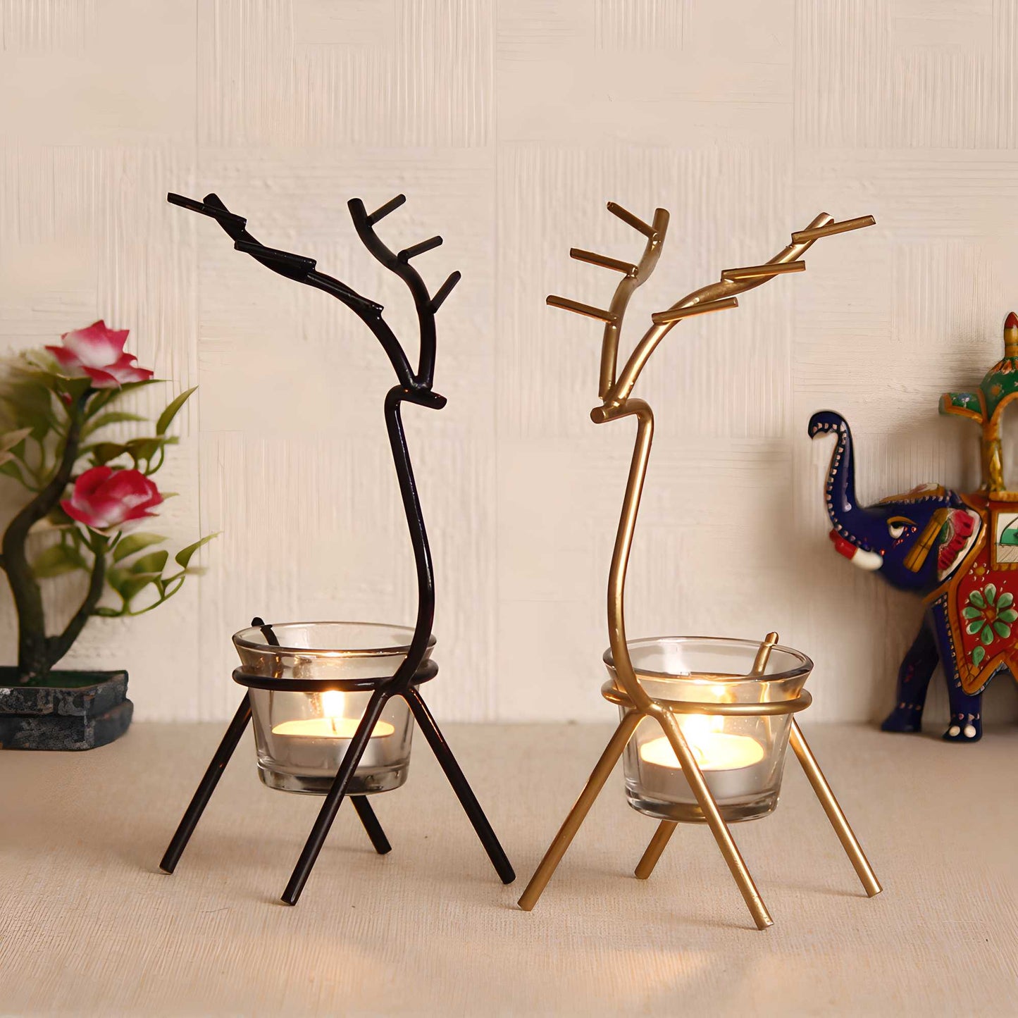 Set of 2 - Deer Shape Decorative Handcrafted Metal Tea Light Holders