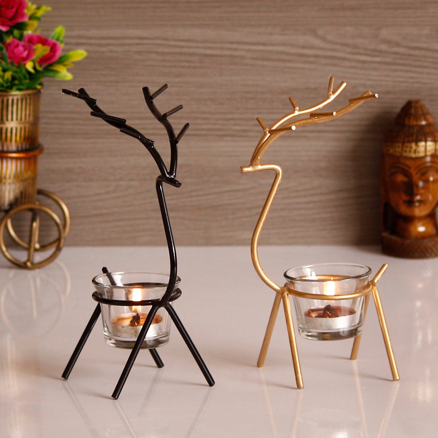 Set of 2 - Deer Shape Decorative Handcrafted Metal Tea Light Holders